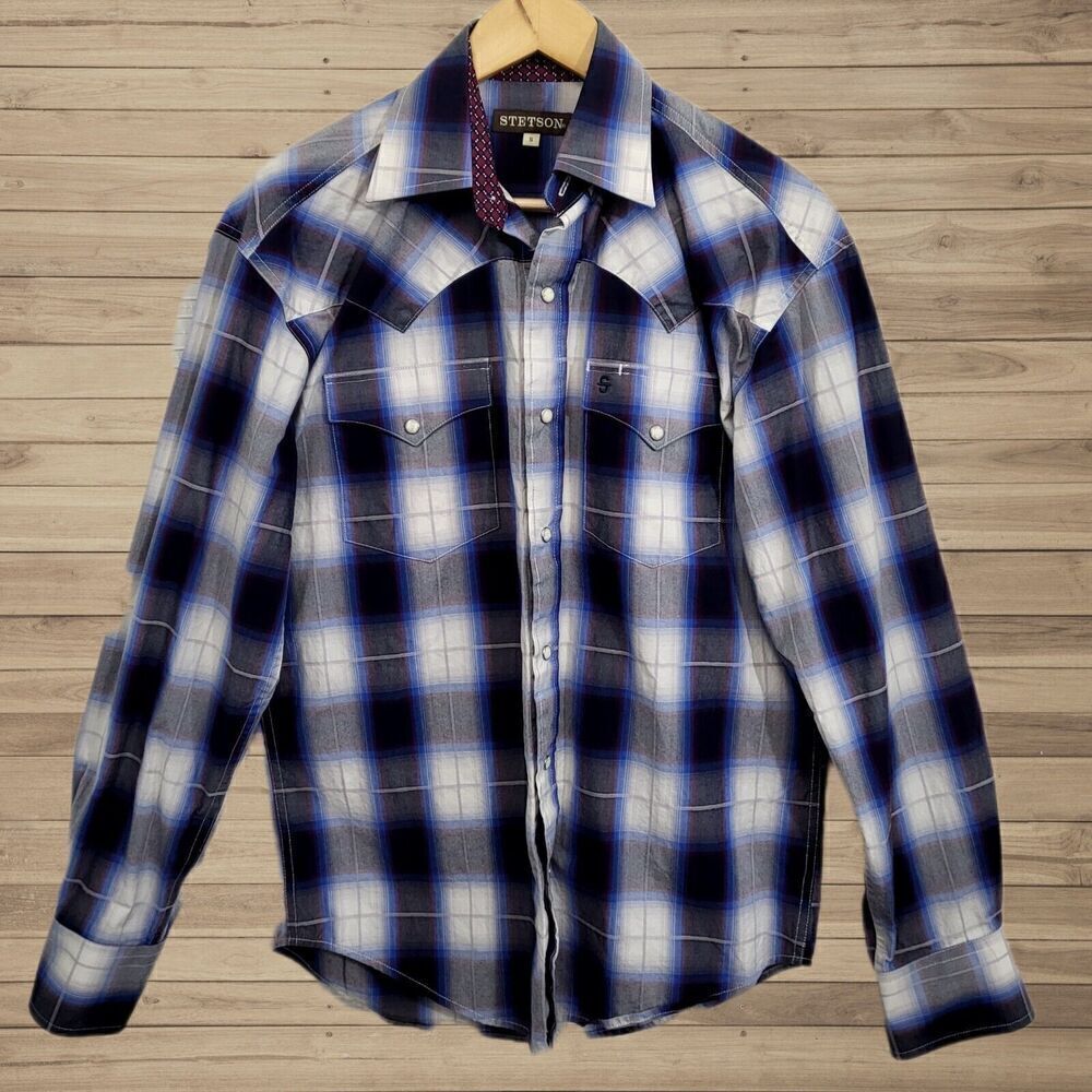 Stetson Western Shirt Ombre Plaid Blue Red Black Model 11-001-0478-1032 Men's S
